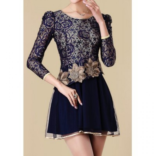 Vintage Scoop Neck Lace Embroidered Long Sleeve Women's Dress