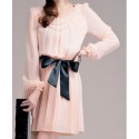 Vintage Scoop Neck Long Sleeves Pleated Chiffon Dress For Women