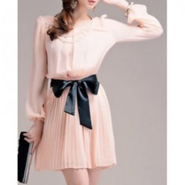 Vintage Scoop Neck Long Sleeves Pleated Chiffon Dress For Women