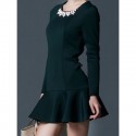 Vintage Scoop Neck Long Sleeves Solid Color Applique Flounce Dress For Women