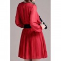 Vintage Scoop Neck Long Sleeves Solid Color Pleated Dress For Women