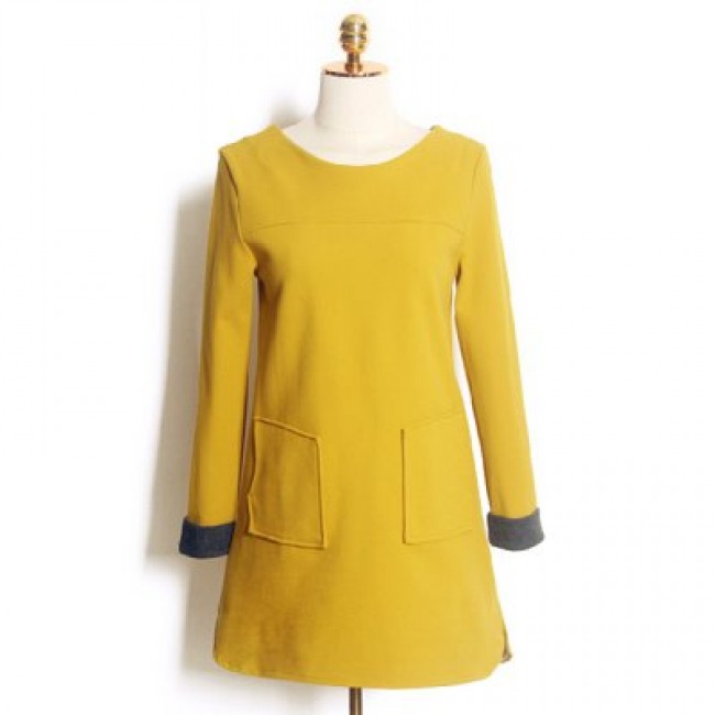 Vintage Scoop Neck Long Sleeves Solid Color Pocket Dress For Women