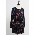 Vintage Scoop Neck Long Sleeves Tiny Flower Print Drawstring Dress For Women