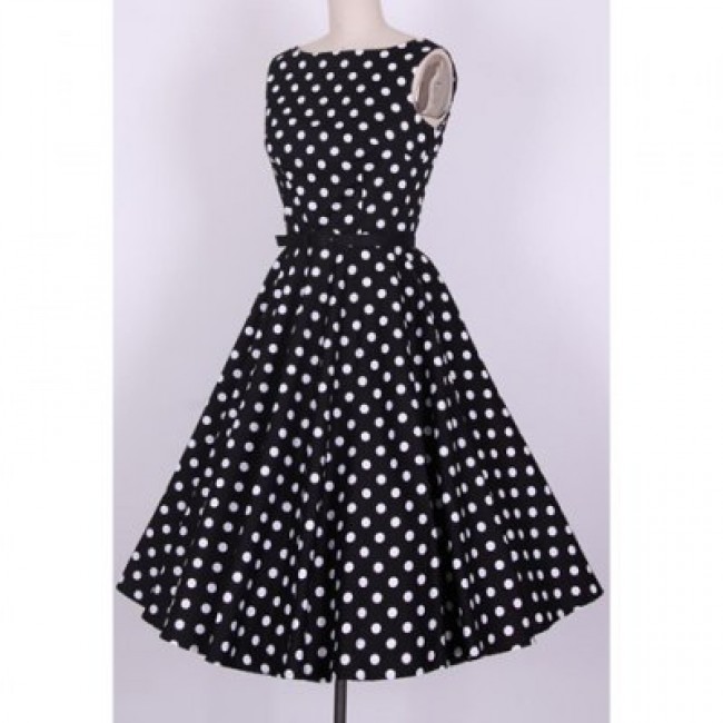 Vintage Scoop Neck Pleated Polka Dot Sleeveless Country Black Dress For Women