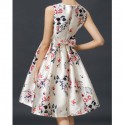 Vintage Scoop Neck Sleeveless Flower Print Bowknot Dress For Women