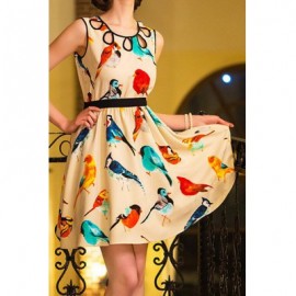 Vintage Scoop Neck Sleeveless Hollow Out Bird Print Dress For Women