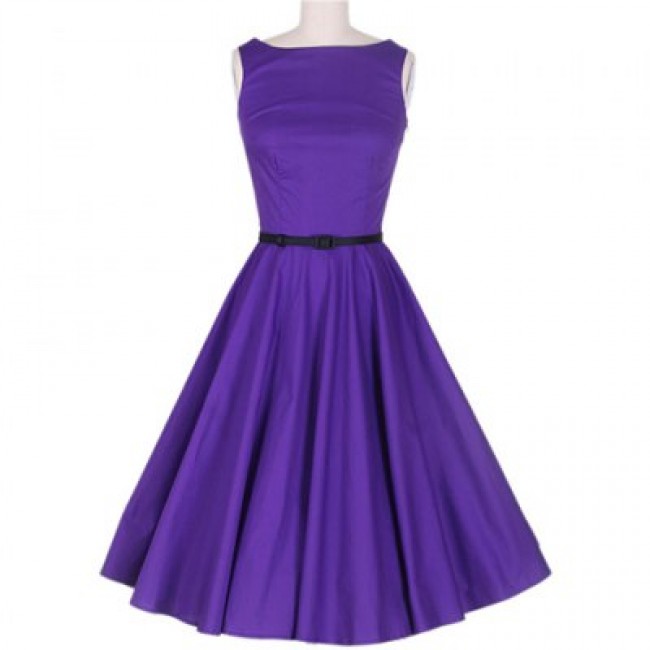 Vintage Scoop Neck Sleeveless Purple Pleated Dress For Women