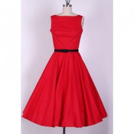Vintage Scoop Neck Sleeveless Red Pleated Dress For Women