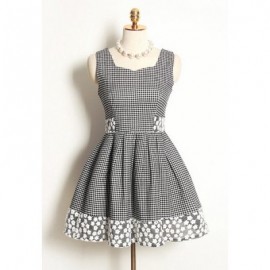 Vintage Sleeveless Plaid Lace Splicing Dress For Women