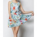 Vintage Square Neck Sleeveless Floral Print Dress For Women