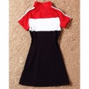 Vintage Stand Collar Short Sleeves Color Splicing Dress For Women