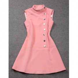 Vintage Stand Collar Sleeves Single Breasted Solid Color Dress For Women