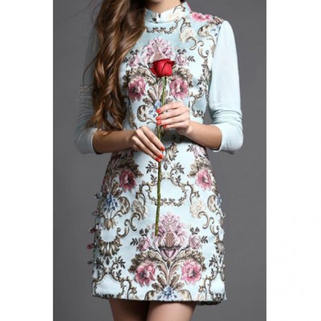 Vintage Stand-Up Collar Long Sleeves Embroidered Dress For Women