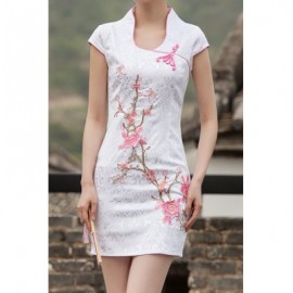 Vintage Stand-Up Collar Short Sleeve Embroidered Women's Dress
