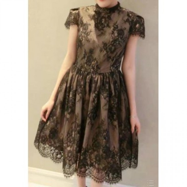 Vintage Stand-Up Collar Short Sleeve Hollow Out Laciness Women's Dress