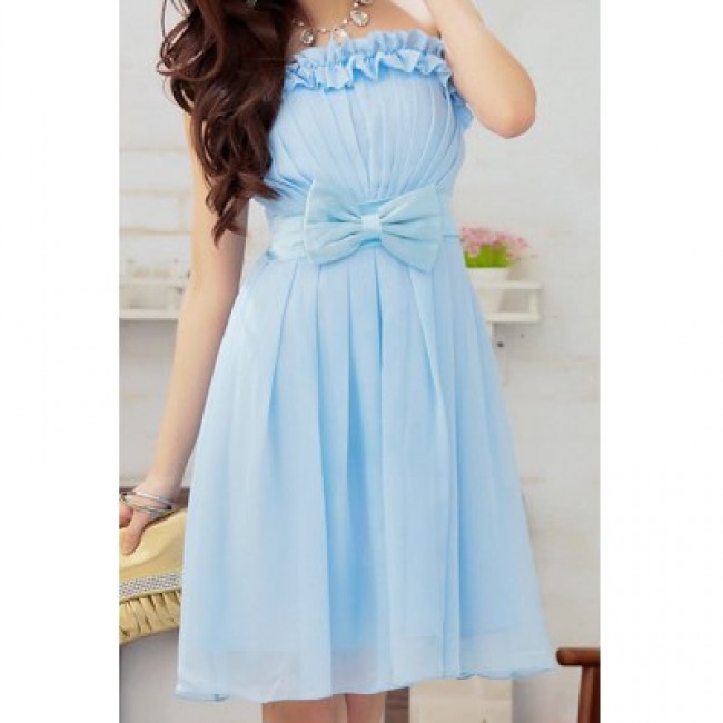 Vintage Strapless Bowknot Solid Color Flounce Prom Dress For Women