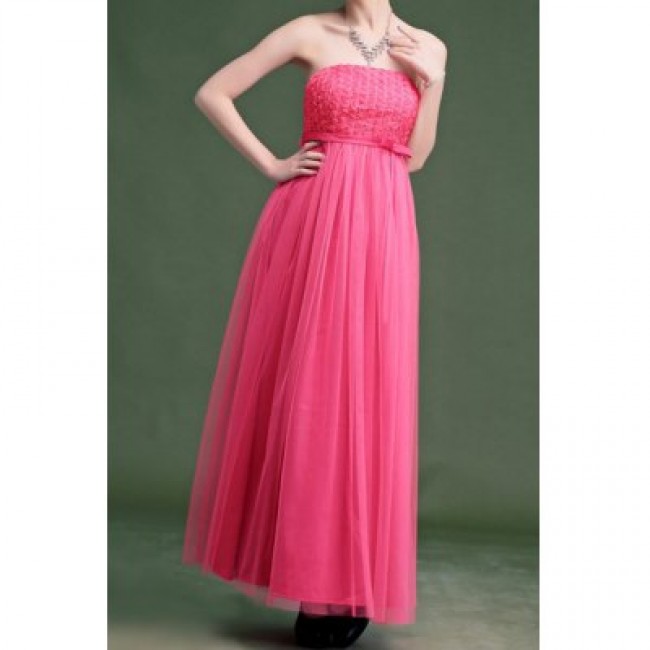 Vintage Strapless Solid Color Rose Voile Splicing Long Prom Dress For Women