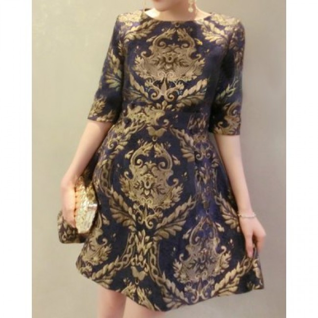 Vintage Style Round Neck Floral Embroidery Half Sleeve Women's Dress