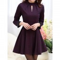 Vintage Style Stand Collar Checked Print Hollow Out Long Sleeve Women's Dress
