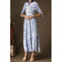 Vintage Style Stand Collar Floral Print Half Sleeve Maxi Dress For Women