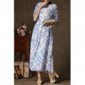 Vintage Style Stand Collar Floral Print Half Sleeve Maxi Dress For Women