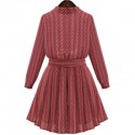 Vintage Style Stand Collar Printed Lace-Up Long Sleeve Dress For Women