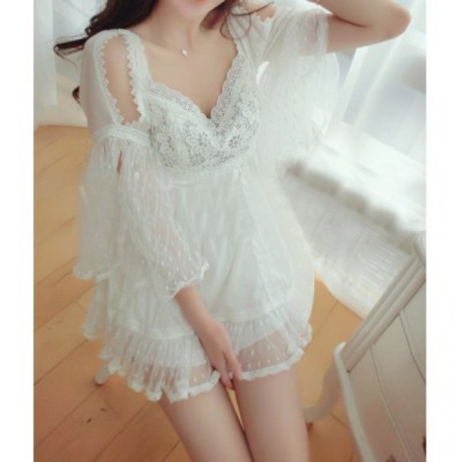 Vintage Sweetheart Neck Flare Sleeves Voile Splicing White Lace Dress For Women