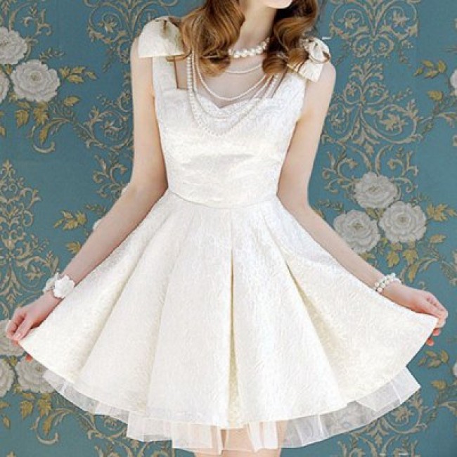 Vintage Sweetheart Neck Sleeveless Voile Splicing Bowknots Dress For Women