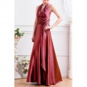Vintage V-Neck Solid Color Handmade Rose Pleated Long Prom Dress For Women
