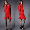 Vintage Bow Collar Long Sleeves Flounce Red Dress For Women