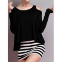 Vintage Faux Twinset Off-The-Shoulder Long Sleeves Striped Dress For Women