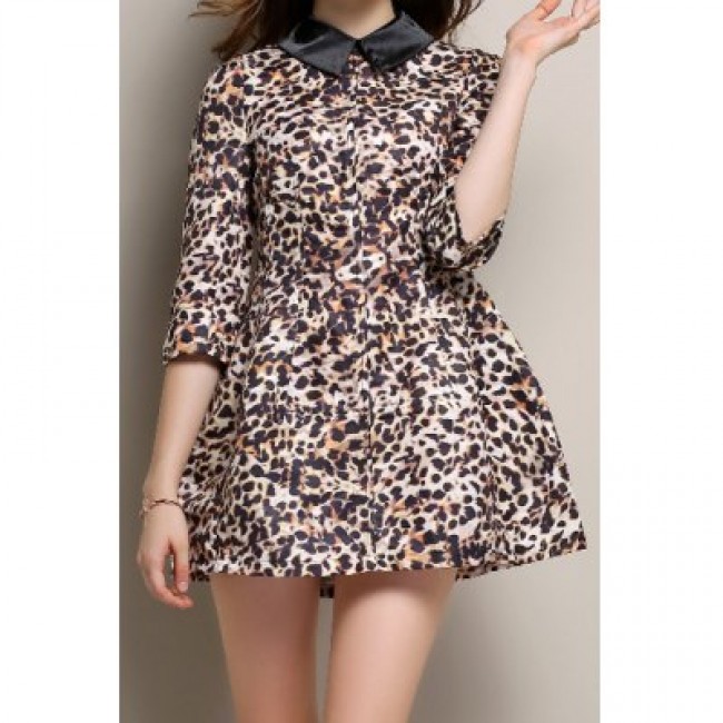 Vintage Flat Collar 3/4 Sleeve Leopard Print Women's Dress