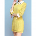 Vintage Flat Collar 3/4 Sleeves Color Splicing Rhinestone Lace Dress For Women