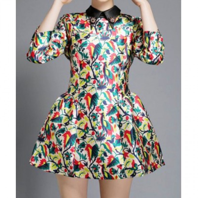 Vintage Flat Collar 3/4 Sleeves Print Ball Gown Dress For Women