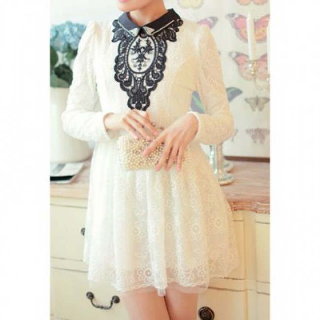 Vintage Flat Collar Block Color Long Sleeve Beaded Lace Dress For Women