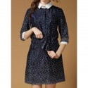 Vintage Flat Collar Half Sleeves Polak Dot Single Breasted Drawstring Dress For Women