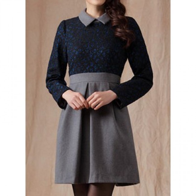 Vintage Flat Collar Long Sleeves Color Splicing Dress For Women