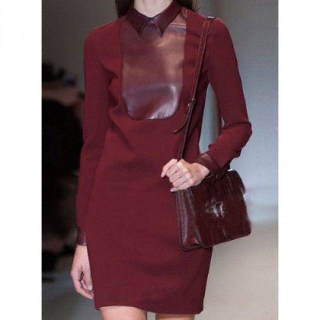 Vintage Flat Collar Long Sleeves Solid Color PU Leather Splicing Dress For Women