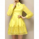 Vintage Flat Collar Long Sleeves Solid Color Voile Splicing Dress For Women