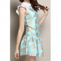 Vintage Flat Collar Short Sleeve Printed Ruched Women's Dress