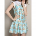Vintage Flat Collar Short Sleeve Printed Ruched Women's Dress