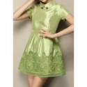 Vintage Flat Collar Short Sleeves Voile Splicing Embroidered Beaded Dress For Women