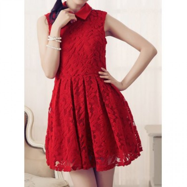 Vintage Flat Collar Sleeveless Solid Color Lace Dress For Women