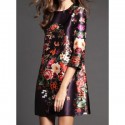 Vintage Jewel Neck 3/4 Length Sleeves Floral Printed Dress For Women