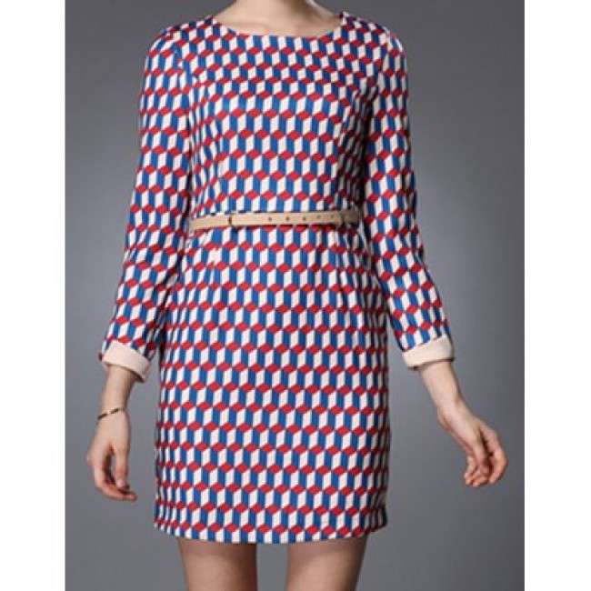 Vintage Jewel Neck Geometric Print Long Sleeves Dress For Women