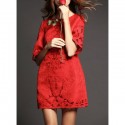 Vintage Jewel Neck Half Sleeves Hollow Out Solid Color Dress For Women