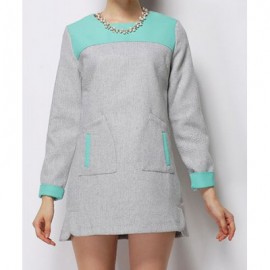Vintage Jewel Neck Long Sleeves Color Block Pocket Woolen Dress For Women