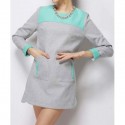 Vintage Jewel Neck Long Sleeves Color Block Pocket Woolen Dress For Women