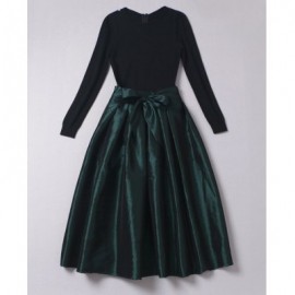 Vintage Jewel Neck Long Sleeves Pleated Bowknot Long Dress For Women