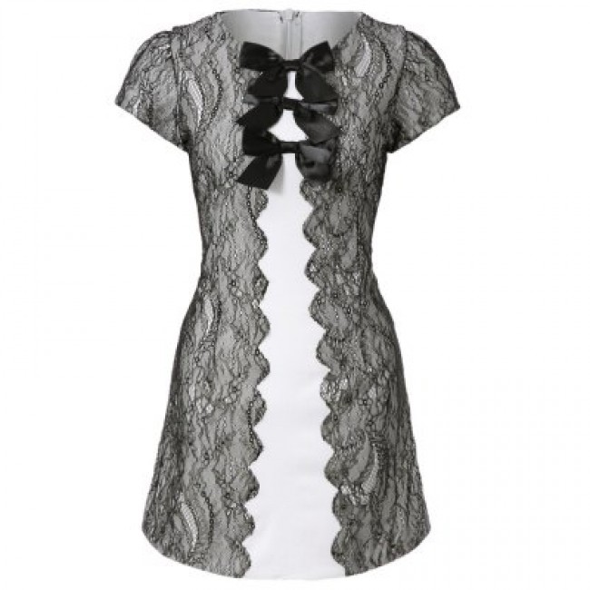 Vintage Jewel Neck Short Sleeves Bowknots Lace Splicing Dress For Women